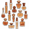 Illustration of various perfume bottles on a white background